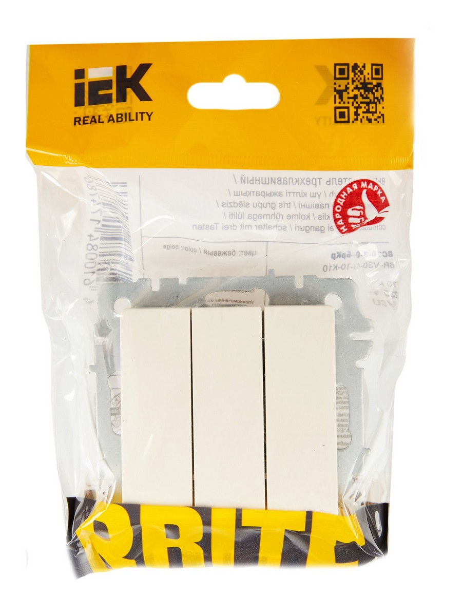 Выключатель IEK BRITE 3-клавишный 10А ВС10-3-0-БрКр бежевый BR-V30-0-10-K10