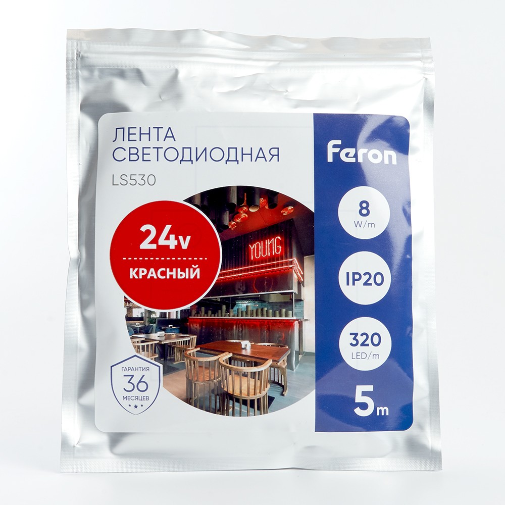 Светодиодная лента красная Лента светодиодная Feron LS530 COB 320SMD(2110)/м 8Вт/м 24V красный IP20 5 метров 48266 