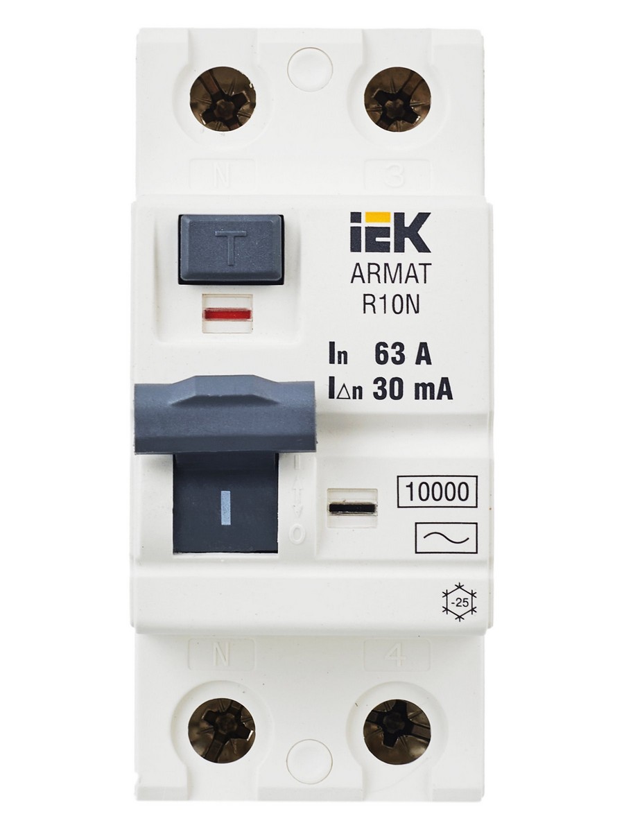 ВДТ УЗО IEK ARMAT R10N 2P 63А 30мА тип AC AR-R10N-2-063C030