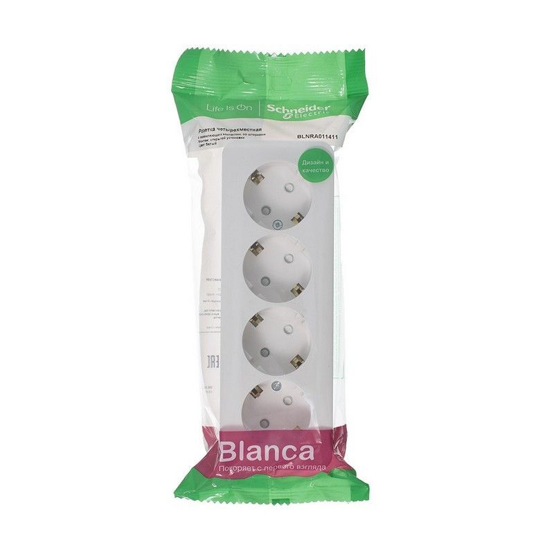 Blanca белые розетки и выключатели Розетка SE Blanca 4-ая Белый наружный с/з со шторками изолир. пластина BLNRA011411