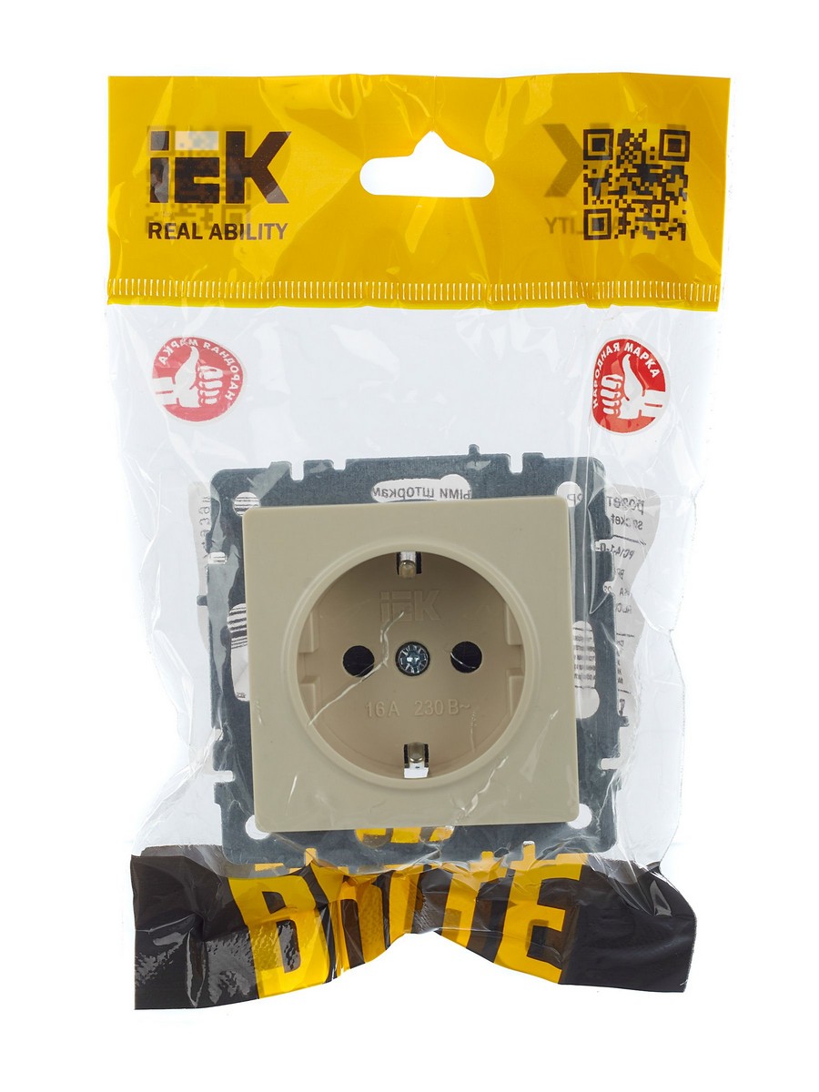 Розетка IEK BRITE с/з с шторками 16А РС14-1-0-БрКр бежевый BR-R14-16-K10