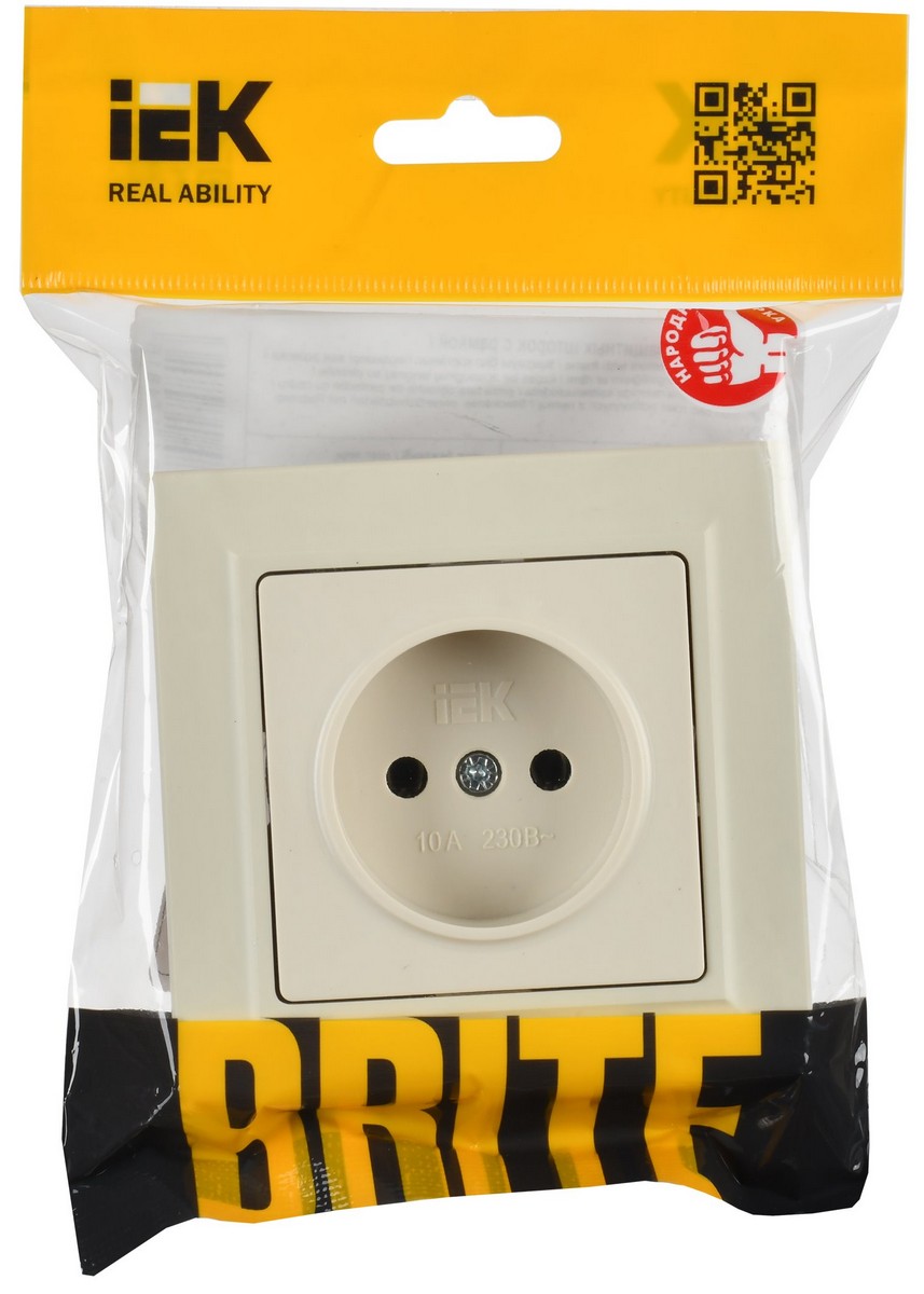 IEK Brite Бежевый Розетка IEK BRITE Бежевый без з/к/ш 10А в сборе РСР10-1-0-БрКр BR-R10-10-K10-F