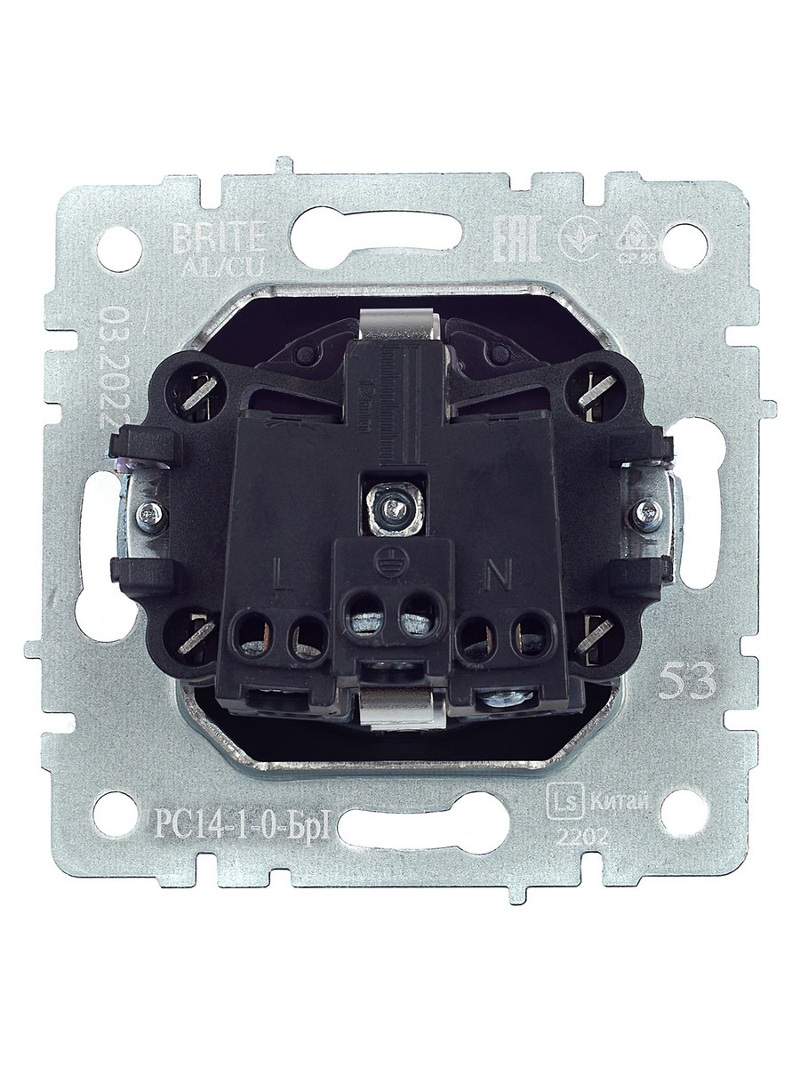 IEK Brite Графит Розетка IEK BRITE 1-местная с заземлением с защитными шторками 16А РС14-1-0-БрГ графит BR-R14-16-K53