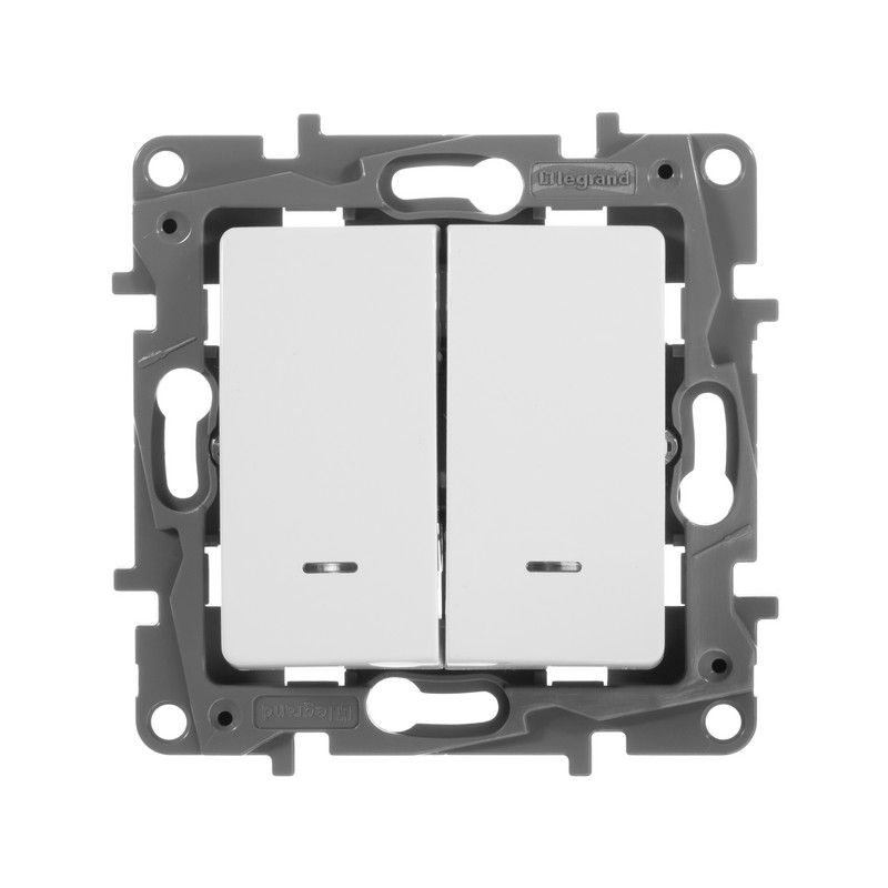 Legrand Etika Белый Выключатель Legrand Etika белый 2-х клавишный с подсветкой, 10А, винт. клем. 672204