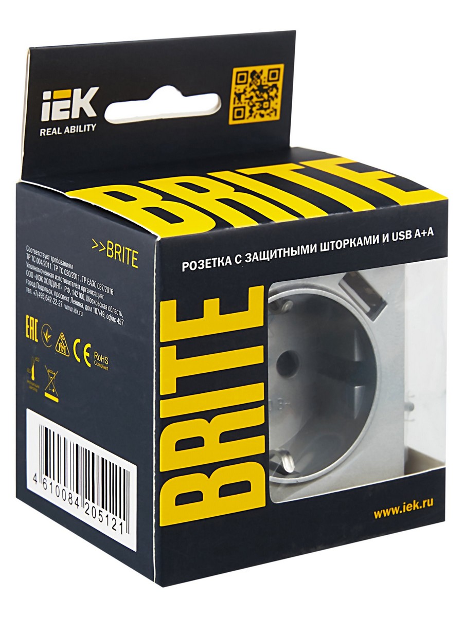 IEK Brite Алюминий Розетка IEK BRITE с с/з и шторками 16А с USB A+A 3,1А РЮш10-2-БрА алюминий BR-R14-16-U21-D31-K47