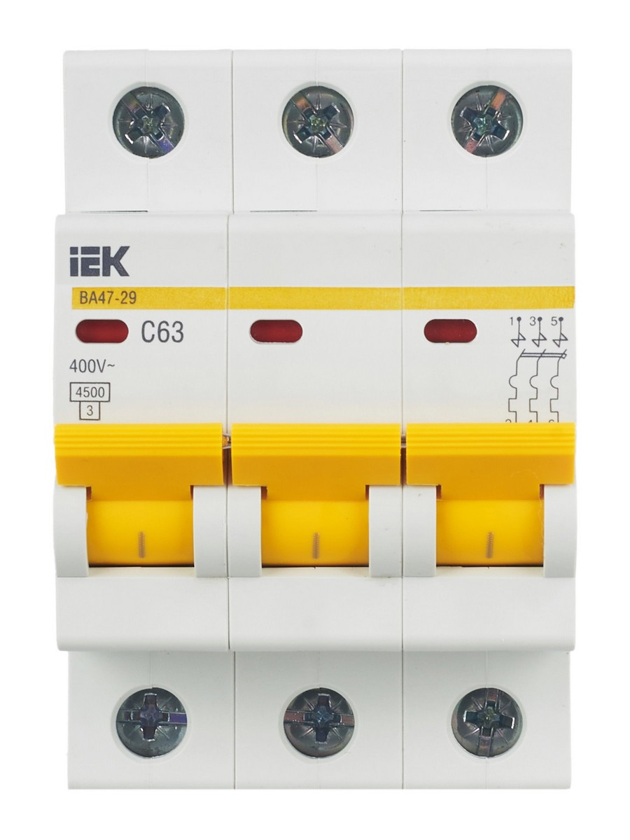 3 полюсные (трехполюсные) Автоматический выключатель IEK KARAT ВА47-29 3Р 63А 4,5кА х-ка С MVA20-3-063-C 