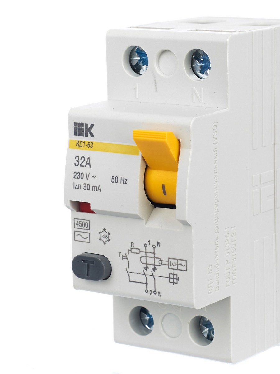 IEK Выключатель дифференциальный IEK KARAT ВД1-63 (УЗО) 2Р 32А 30мА MDV10-2-032-030 