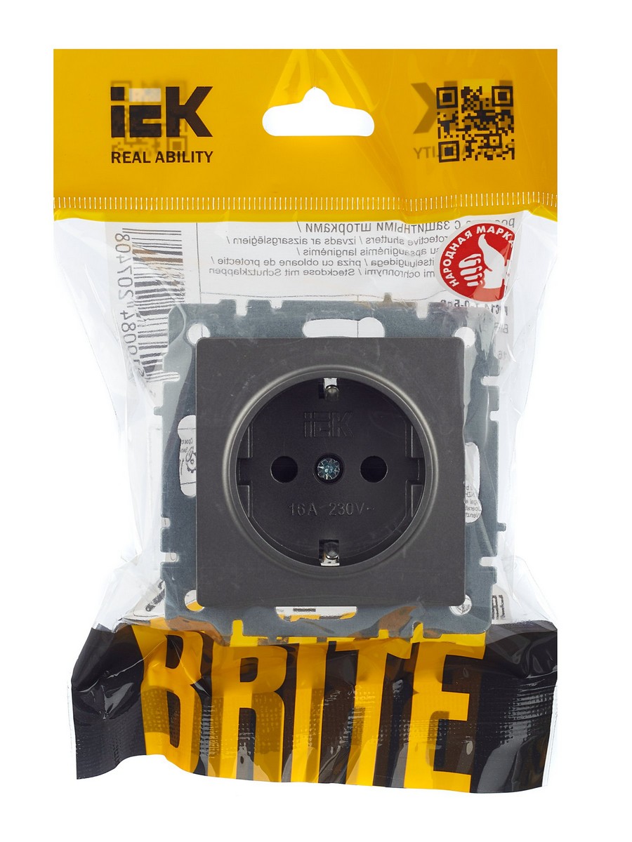 Розетка IEK BRITE с/з с шторками 16А РС14-1-0-БрС сталь BR-R14-16-K46