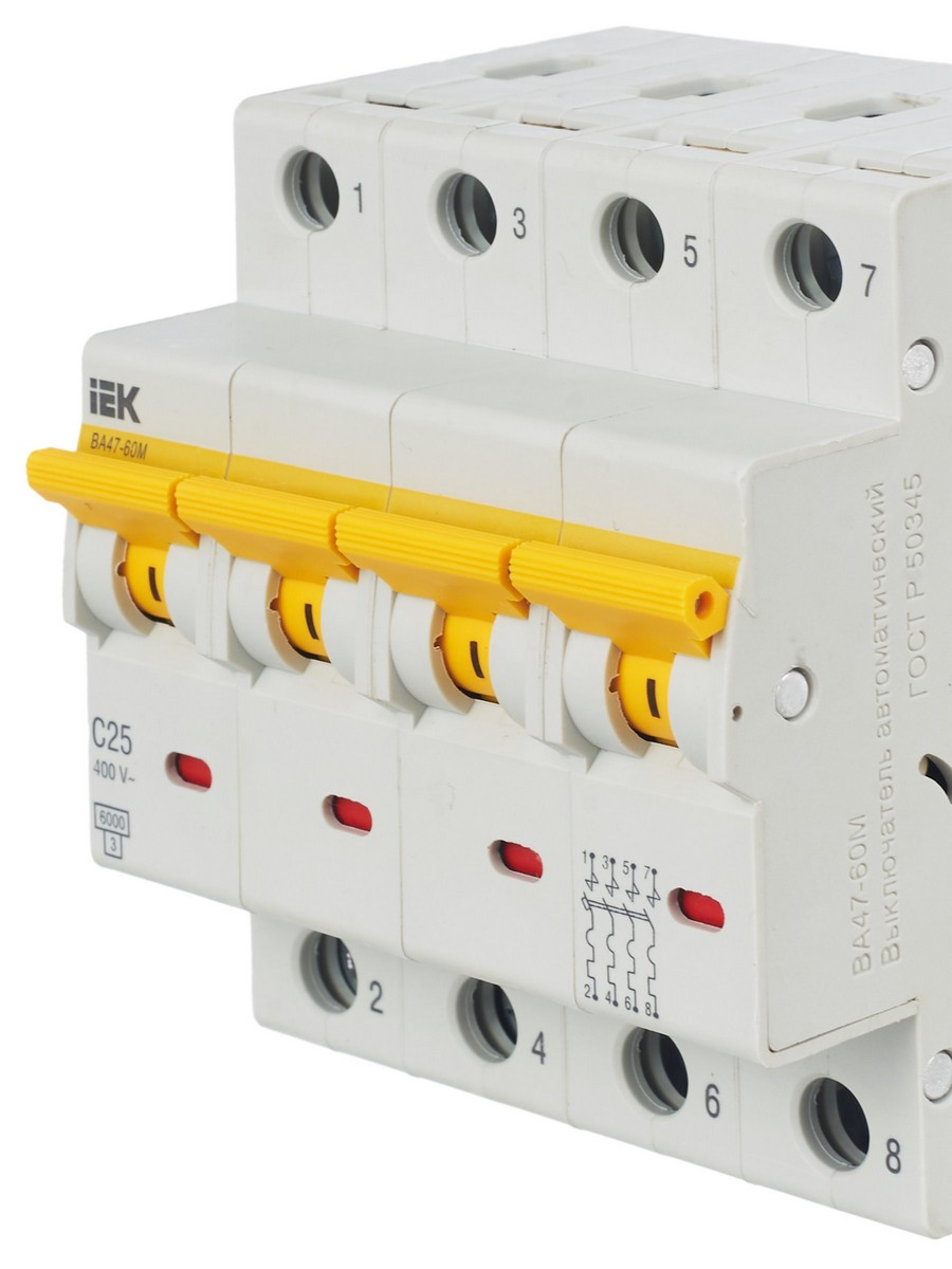 4 полюсные (четырехполюсные) Автоматический выключатель IEK KARAT ВА47-60M 4Р 25А 6кА С MVA31-4-025-C 