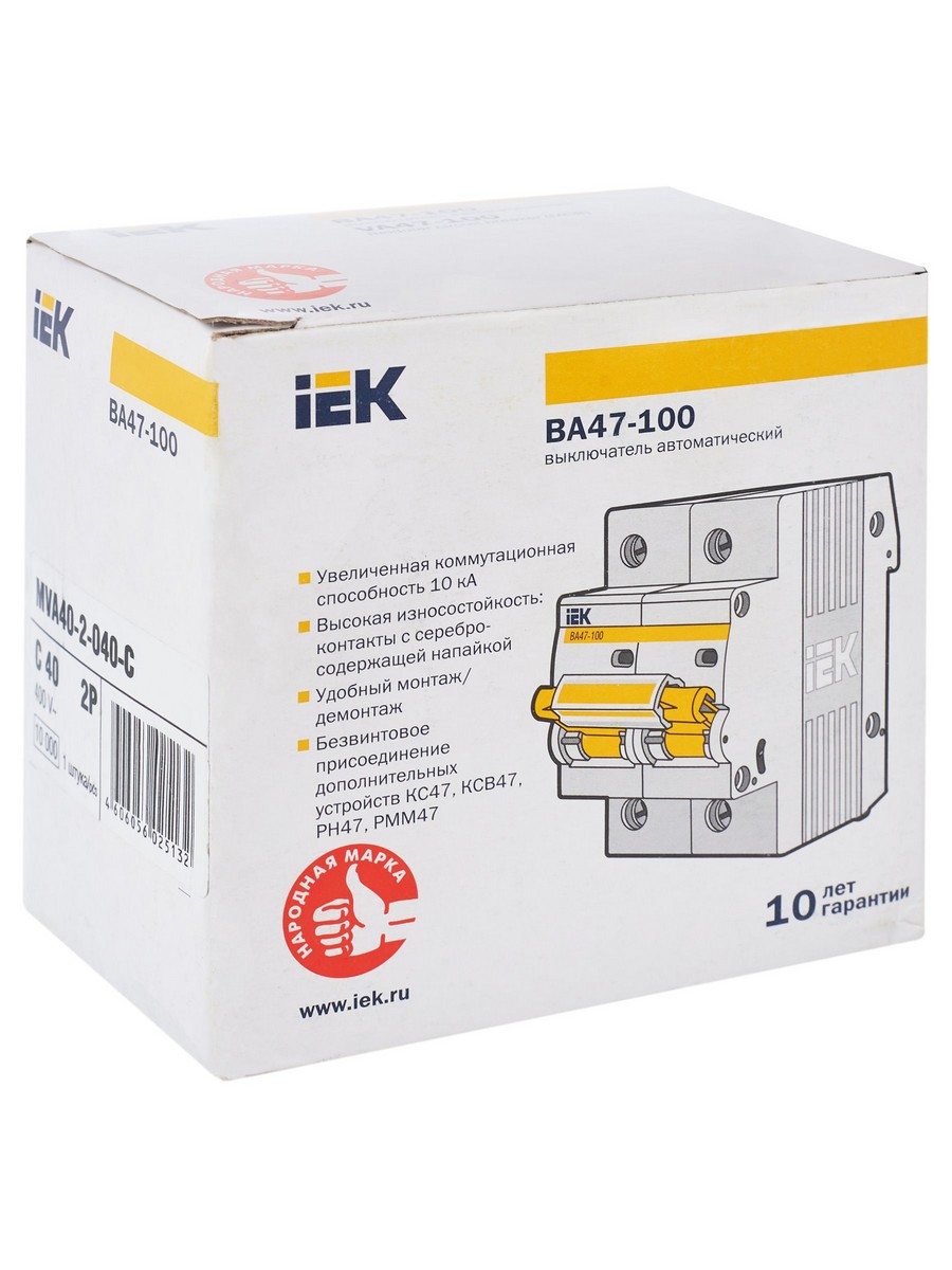 Автоматический выключатель IEK KARAT ВА 47-100 2Р 40А 10 кА х-ка С MVA40-2-040-C
