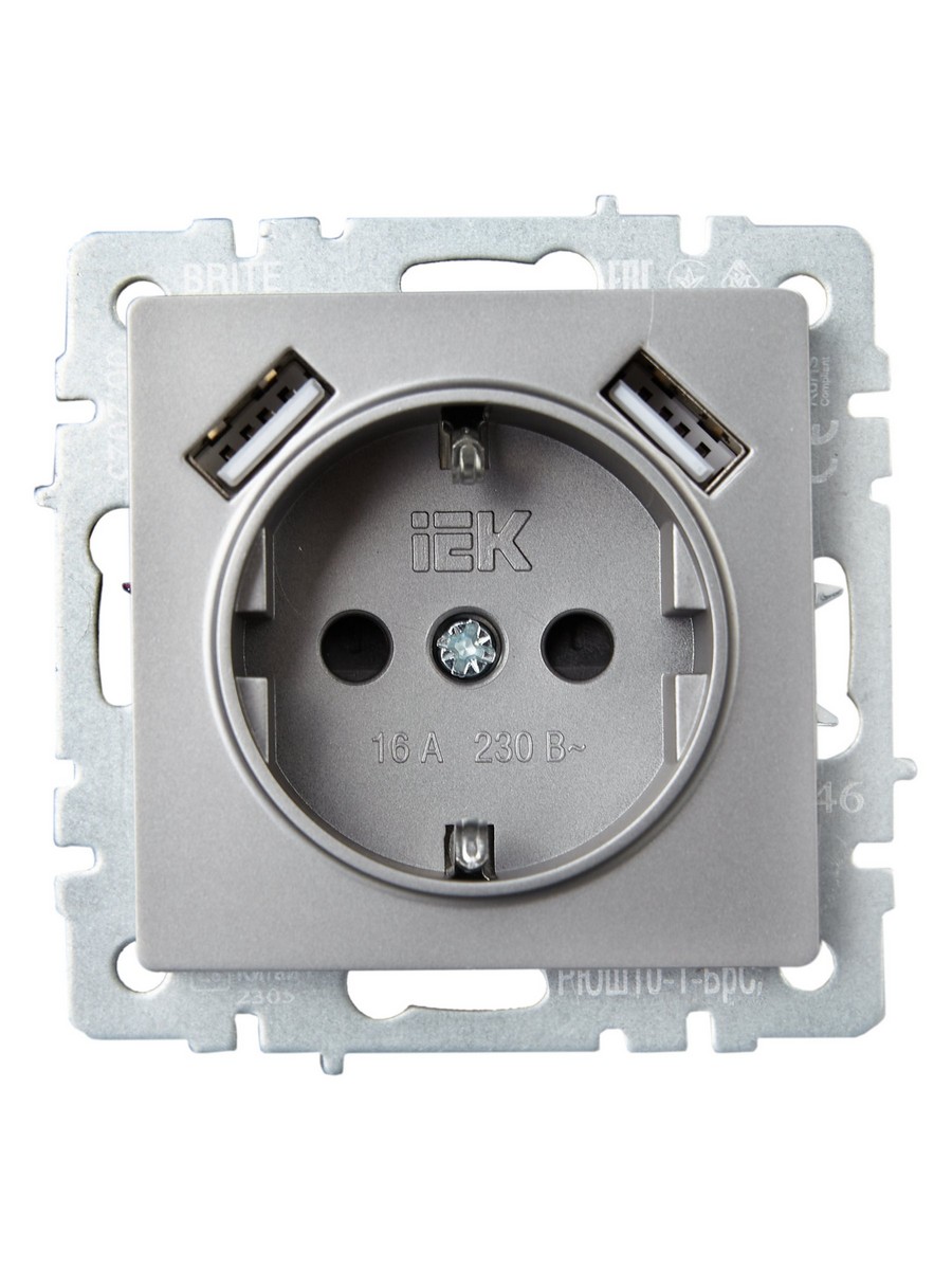IEK Brite Сталь Розетка IEK BRITE с с/з и шторками 16А с USB A+A 2,1А РЮш10-1-БрС сталь BR-R14-16-U21-D21-K46