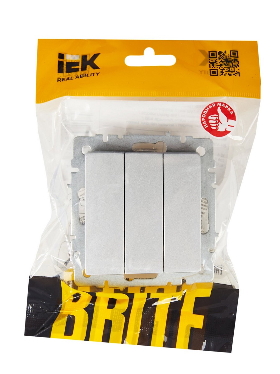 Выключатель IEK BRITE 3-клавишный 10А ВС10-3-0-БрА алюминий BR-V30-0-10-K47