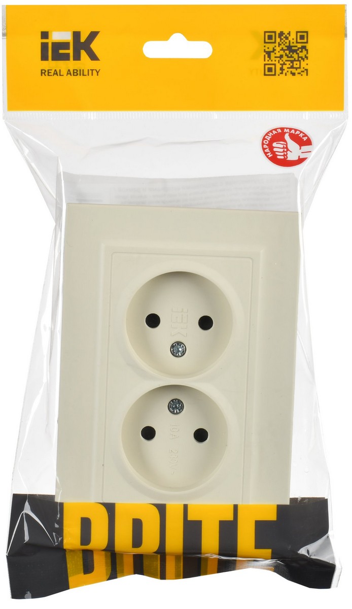 IEK Brite Бежевый Розетка IEK BRITE Бежевая 2-я без з/к/ш 10А в сборе РС12-2-БрКр