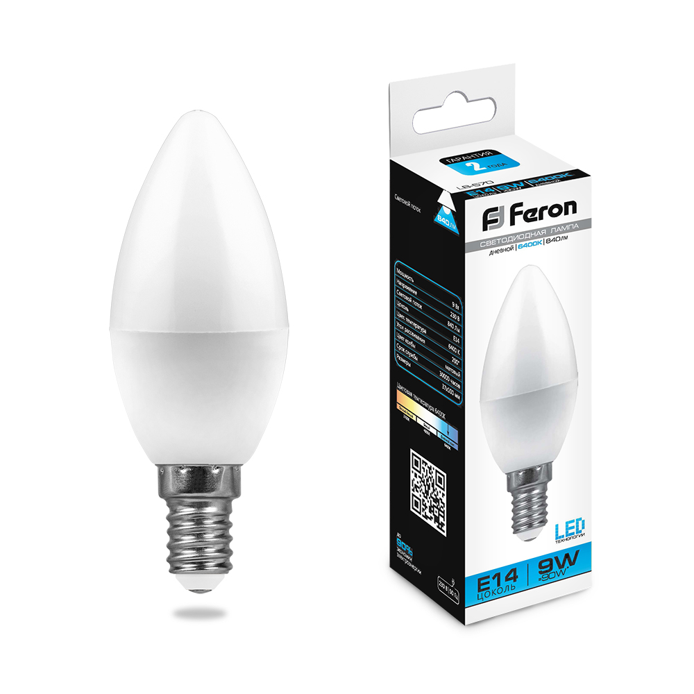 Лампа светодиодная Feron LB-570 Свеча E14 9W 6400K 230V 25800