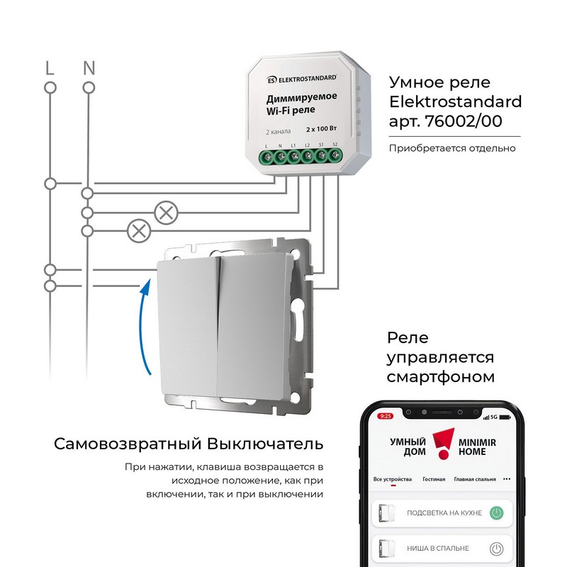 Выключатель Werkel двухклавишный с самовозвратом (серебряный) W1122406