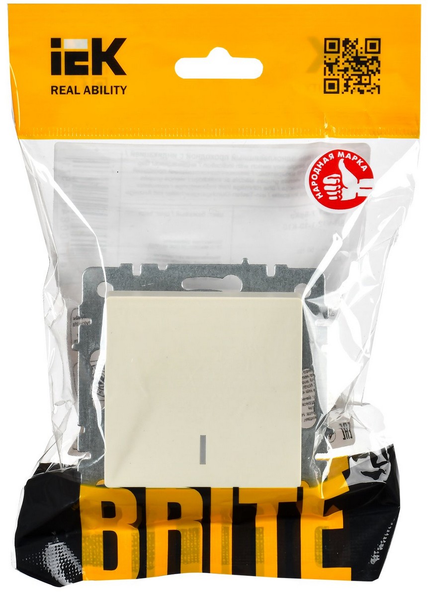 IEK Brite Бежевый Выключатель IEK BRITE BASE Бежевый 1-кл. прох. с инд. 10А ВС10-1-7-БрКр BR-V12-1-10-K10