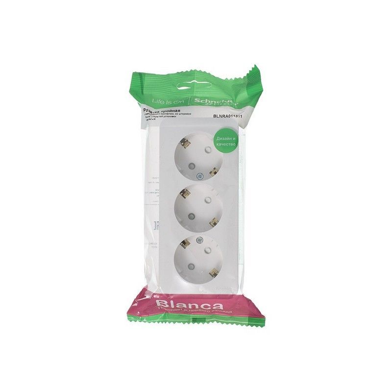 Blanca белые розетки и выключатели Розетка SE Blanca 3-ая Белый наружный с/з со шторками изолир. пластина BLNRA011311