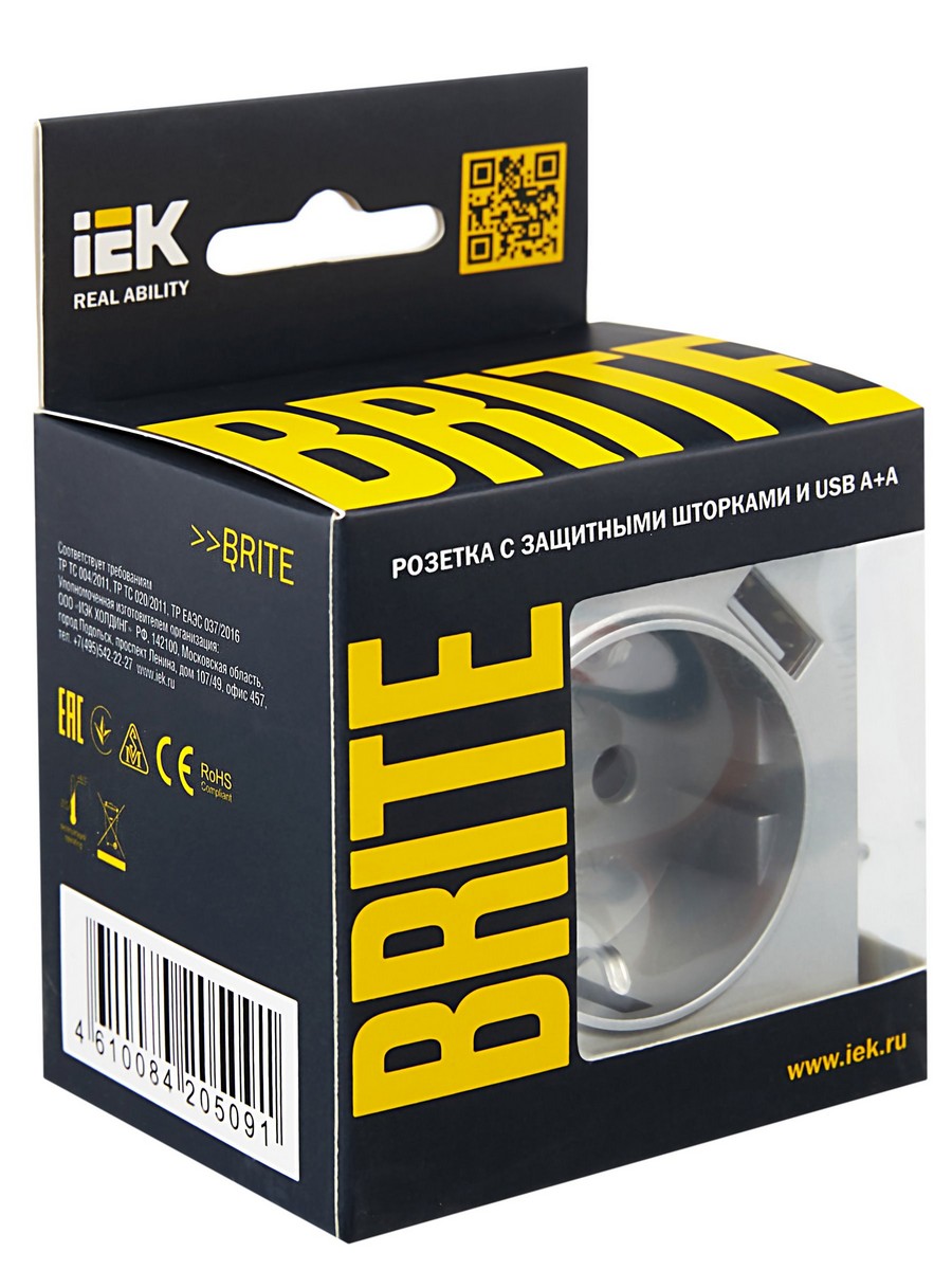 Розетка IEK BRITE с с/з и шторками 16А с USB A+A 2,1А РЮш10-1-БрА алюминий BR-R14-16-U21-D21-K47