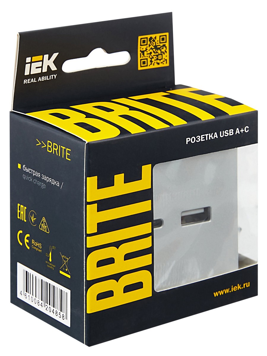 Розетка IEK BRITE USB A+C 18Вт РЮ11-1-БрА алюминий BR-U22-018-K47