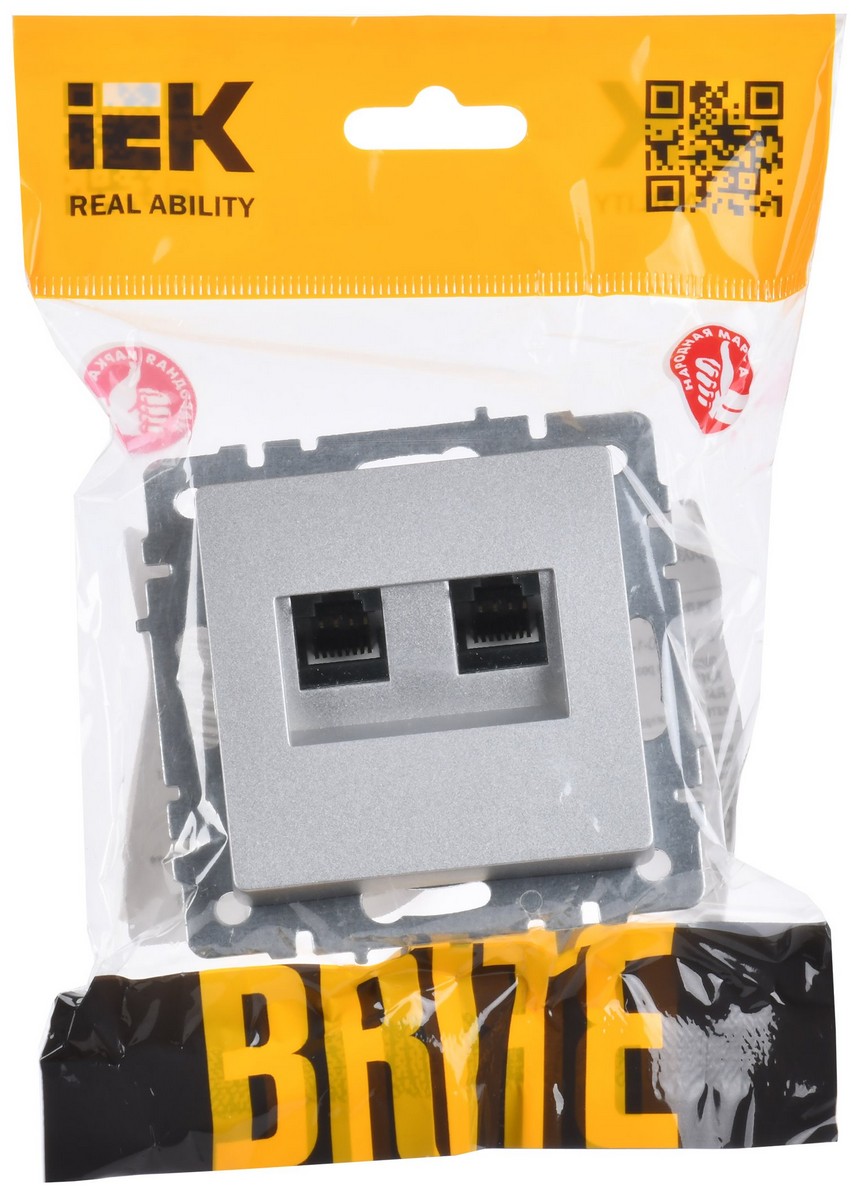 Розетка IEK BRITE компьютерная двойная RJ45 кат.5E РК10-2-БрА алюминий BR-K20-1-K47