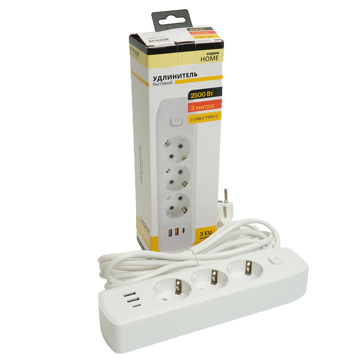 Удлинитель STEKKER HM08-33-02 3-местный c/з 3x1 мм2 3 м 2USB+1Type-C 2,4А Home белый 49977