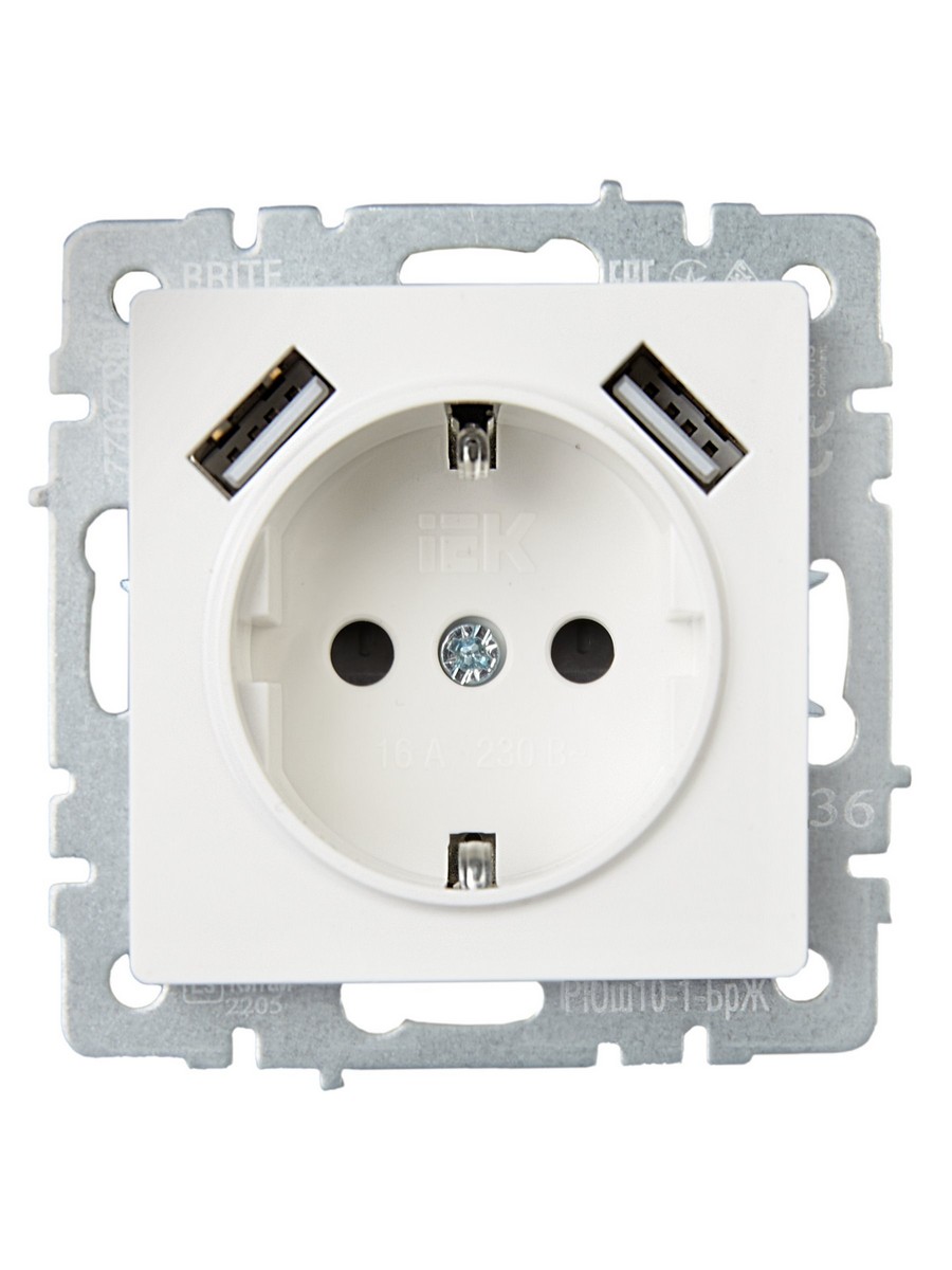 Розетка IEK BRITE с с/з и шторками 16А с USB A+A 2,1А РЮш10-1-БрЖ жемчужный BR-R14-16-U21-D21-K36