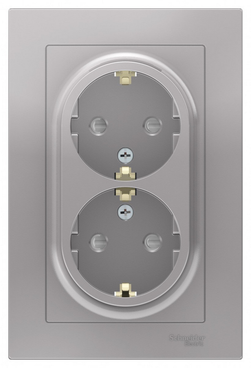 Розетка Systeme Electric AtlasDesign Алюминий с/з двойная, со шторками, 16А, в сборе ATN000326