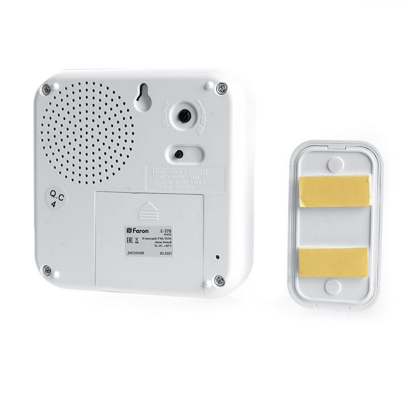 Беспроводные дверные звонки Звонок дверной беспроводной Feron E-378 10 мелодий с регулировкой громкости белый до 100м кнопка IP44 41434 