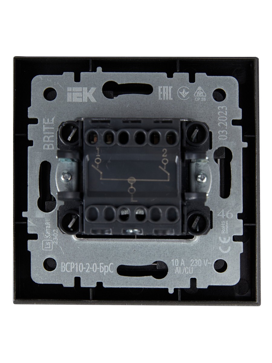 Выключатель IEK BRITE Сталь 2-кл. 10А в сборе ВСР10-2-0-БрС BR-V20-0-10-K46-F