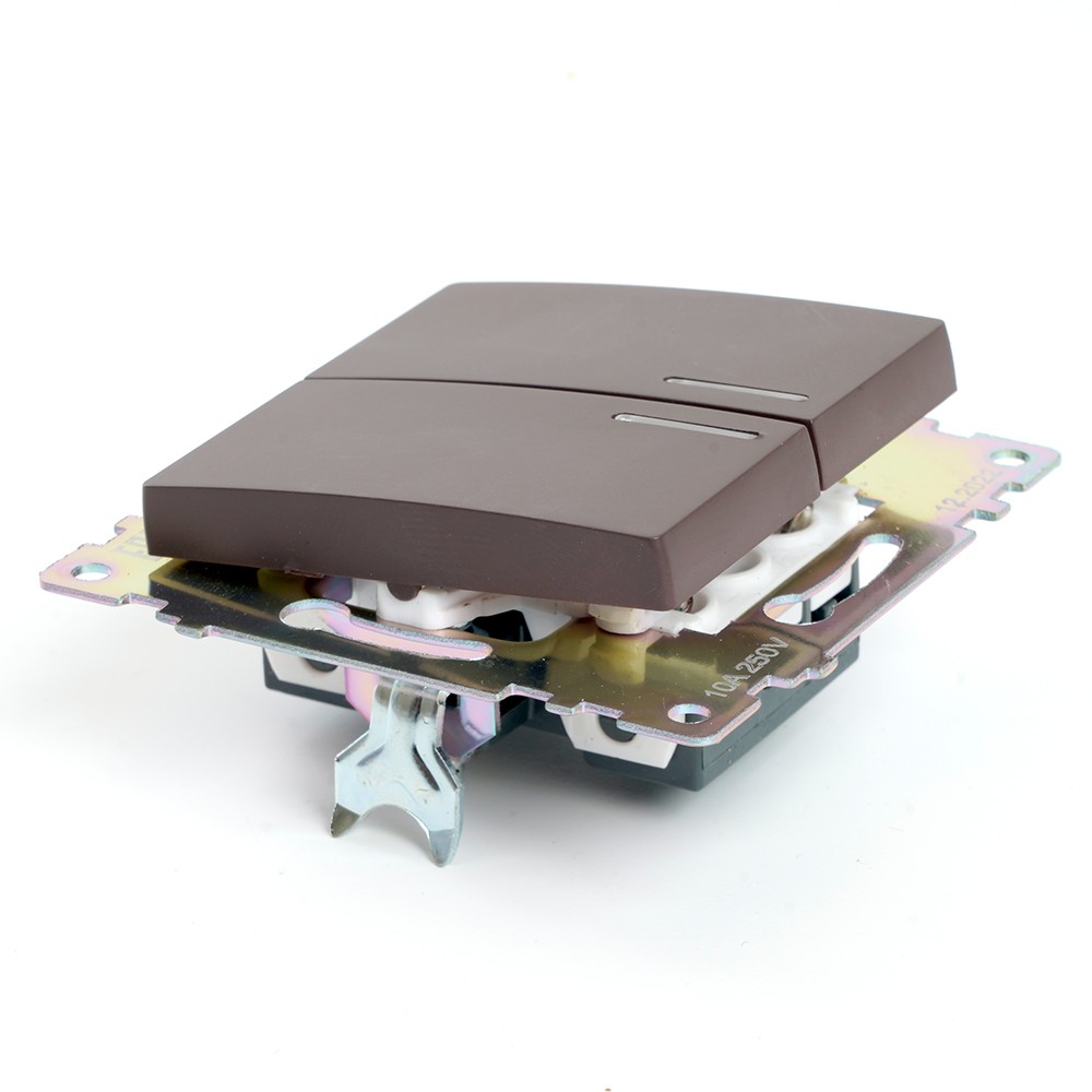 Катрин - Розетки и выключатели Stekker Выключатель 2-клавишный c индикатором STEKKER GLS10-7102-04 10А Катрин шоколад 49021