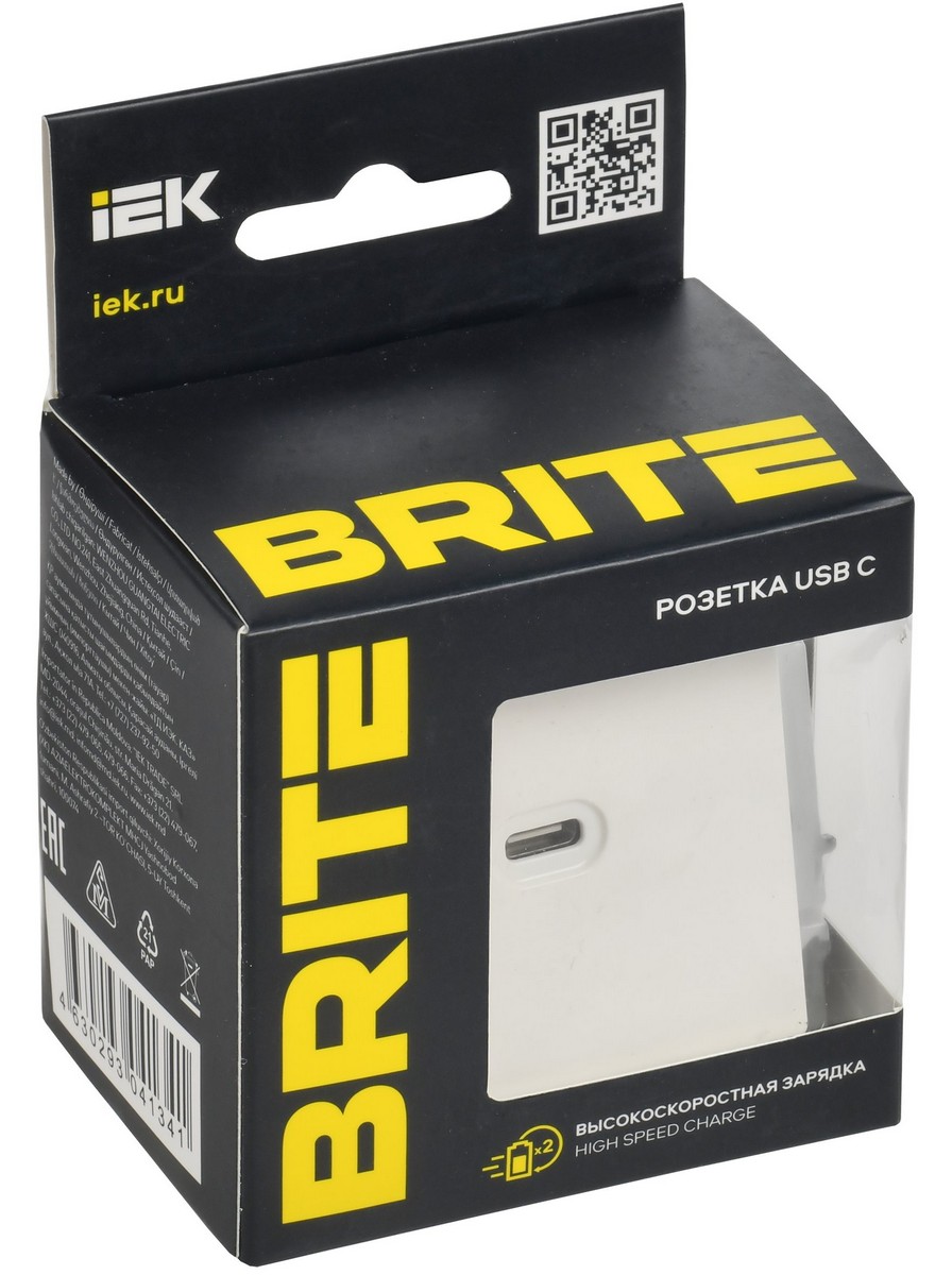 Розетка USB IEK BRITE C 65Вт высокоскор. зар. РЮ12-1-БрБ белый