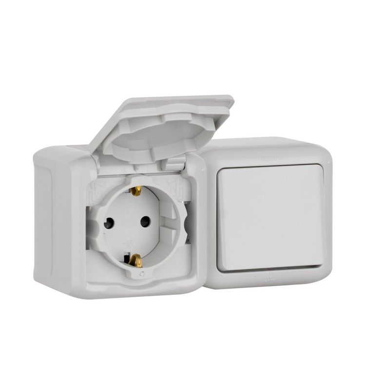 Накладные Розетки и выключатели Legrand Quteo IP44 Серый Выключатель+розетка Legrand Quteo с/заземлением IP44 серый  782348