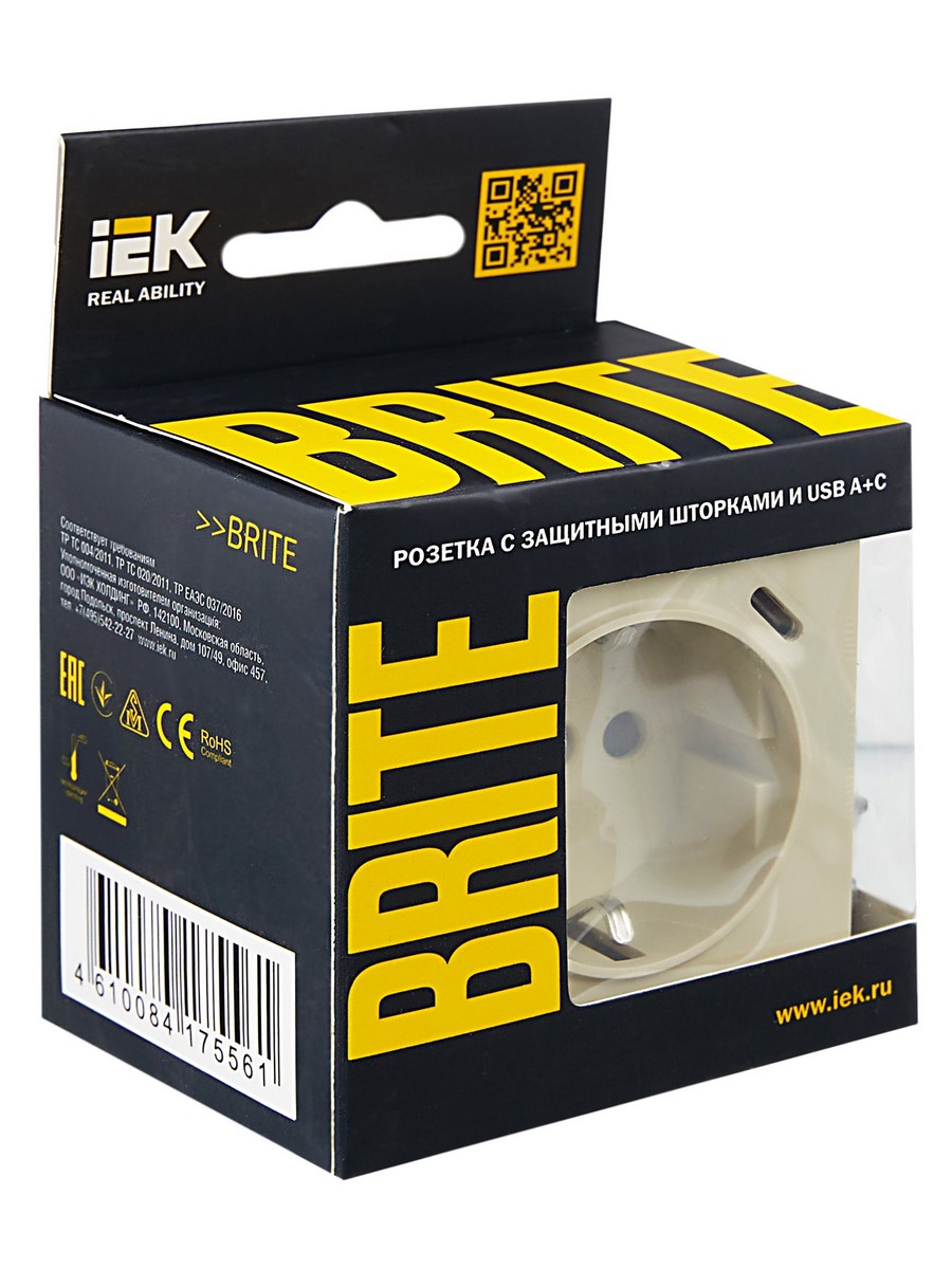 Розетка IEK BRITE с с/з и шторками 16А с USB A+C 18Вт РЮш11-1-БрКр бежевый BR-R14-16-U22-018-K10