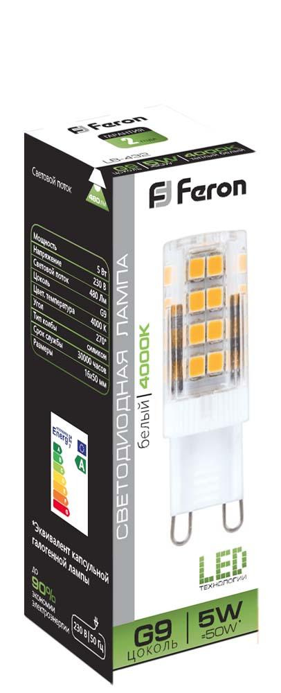 G9 Лампа светодиодная Feron LB-432 G9 5W 4000K 230V 25770 