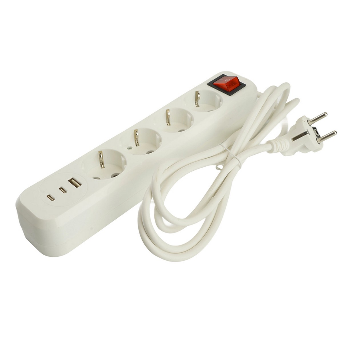 Удлинитель 4-местный с/з с выключателем STEKKER HM071-41-03 3м 1USB+2C 2.4A Home белый 50140
