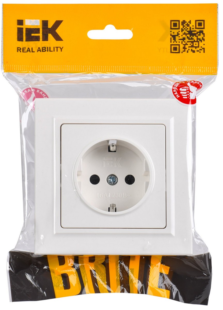 Розетка IEK BRITE с/з с шторками 16А в сборе РСР14-1-0-БрБ белый BR-R14-16-K01-F