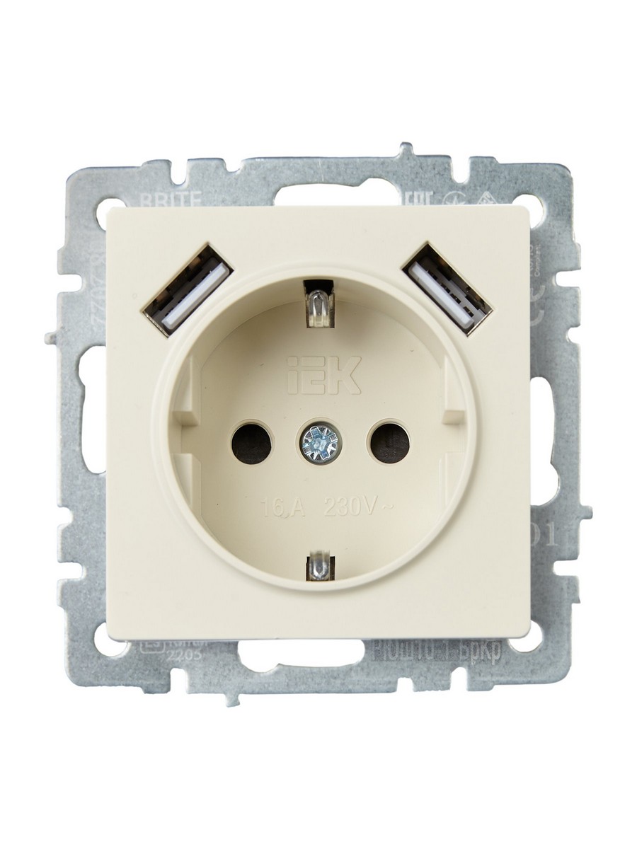 Розетка IEK BRITE с с/з и шторками 16А с USB A+A 2,1А РЮш10-1-БрКр бежевый BR-R14-16-U21-D21-K10