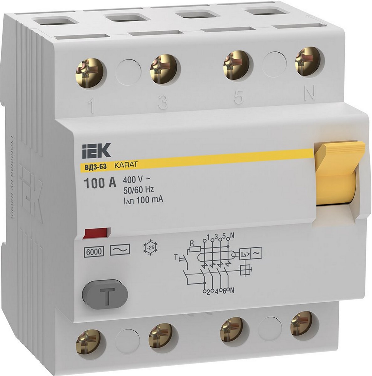 УЗО IEK KARAT ВД3-63 4P 100А 100мА 6кА тип AC MDV20-4-100-100