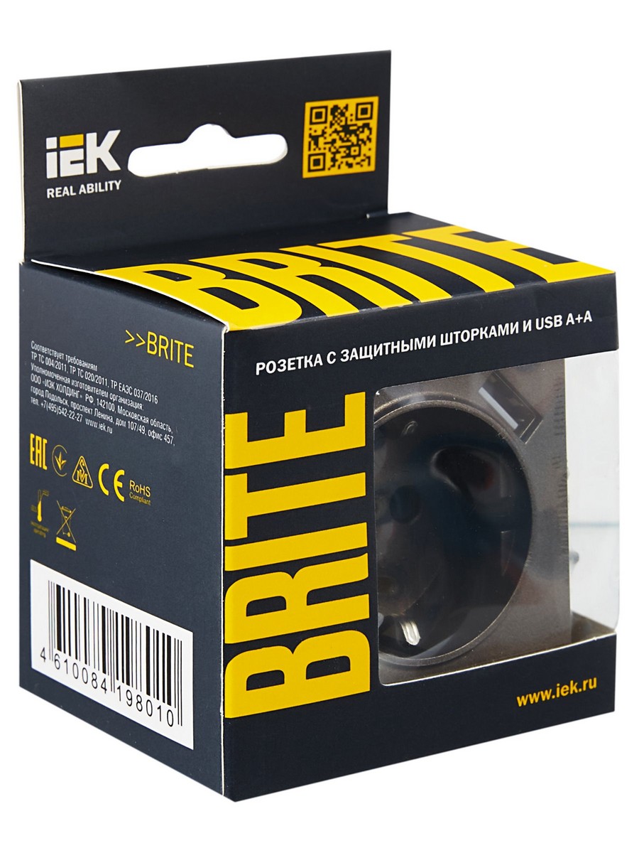 IEK Brite Бронза Розетка IEK BRITE с с/з и шторками 16А с USB A+A 2,1А РЮш10-1-БрТБ бронза BR-R14-16-U21-D21-K45