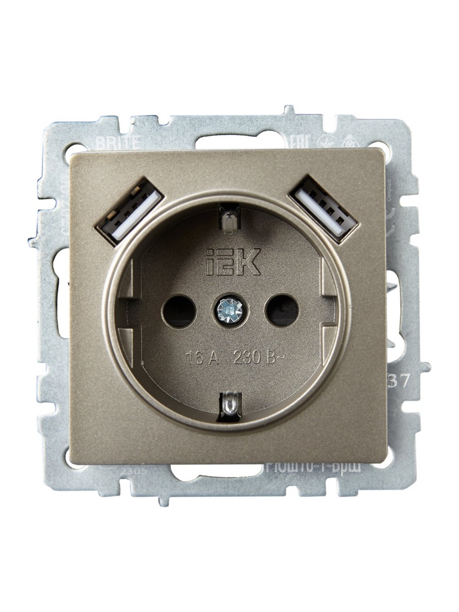 IEK Brite Шампань Розетка IEK BRITE с с/з и шторками 16А с USB A+A 2,1А РЮш10-1-БрШ шампань BR-R14-16-U21-D21-K37