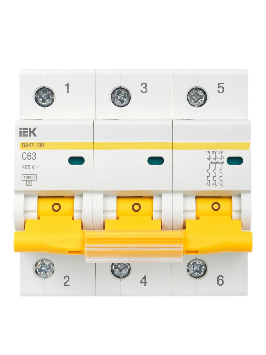 3 полюсные (трехполюсные) Автоматический выключатель IEK KARAT ВА 47-100 3Р 63А 10 кА х-ка С MVA40-3-063-C 