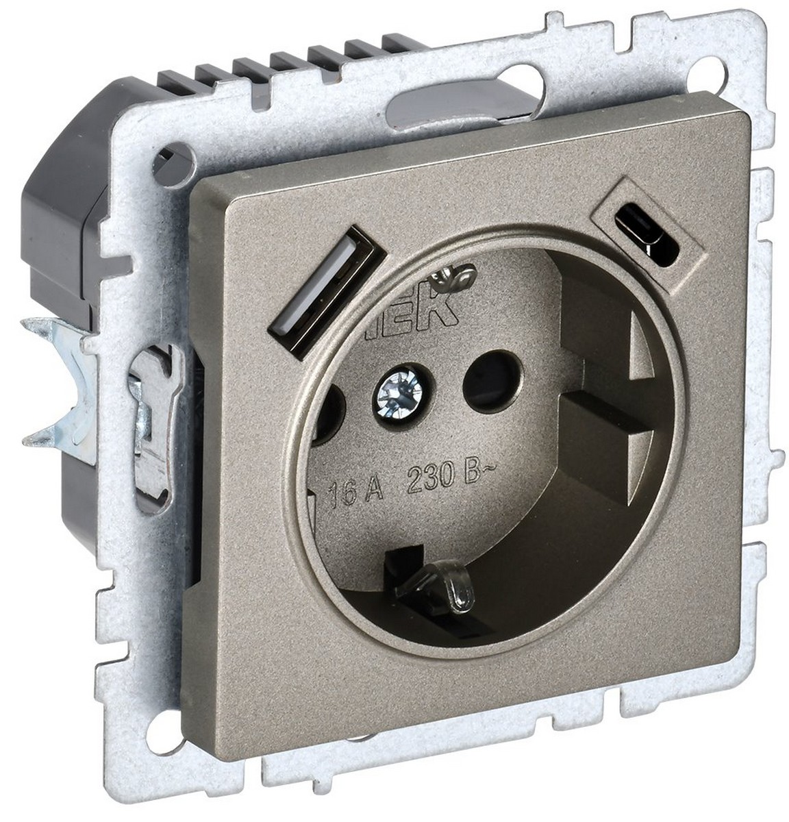 Розетка IEK BRITE с с/з и шторками 16А с USB A+C 18Вт РЮш11-1-БрШ шампань BR-R14-16-U22-018-K37