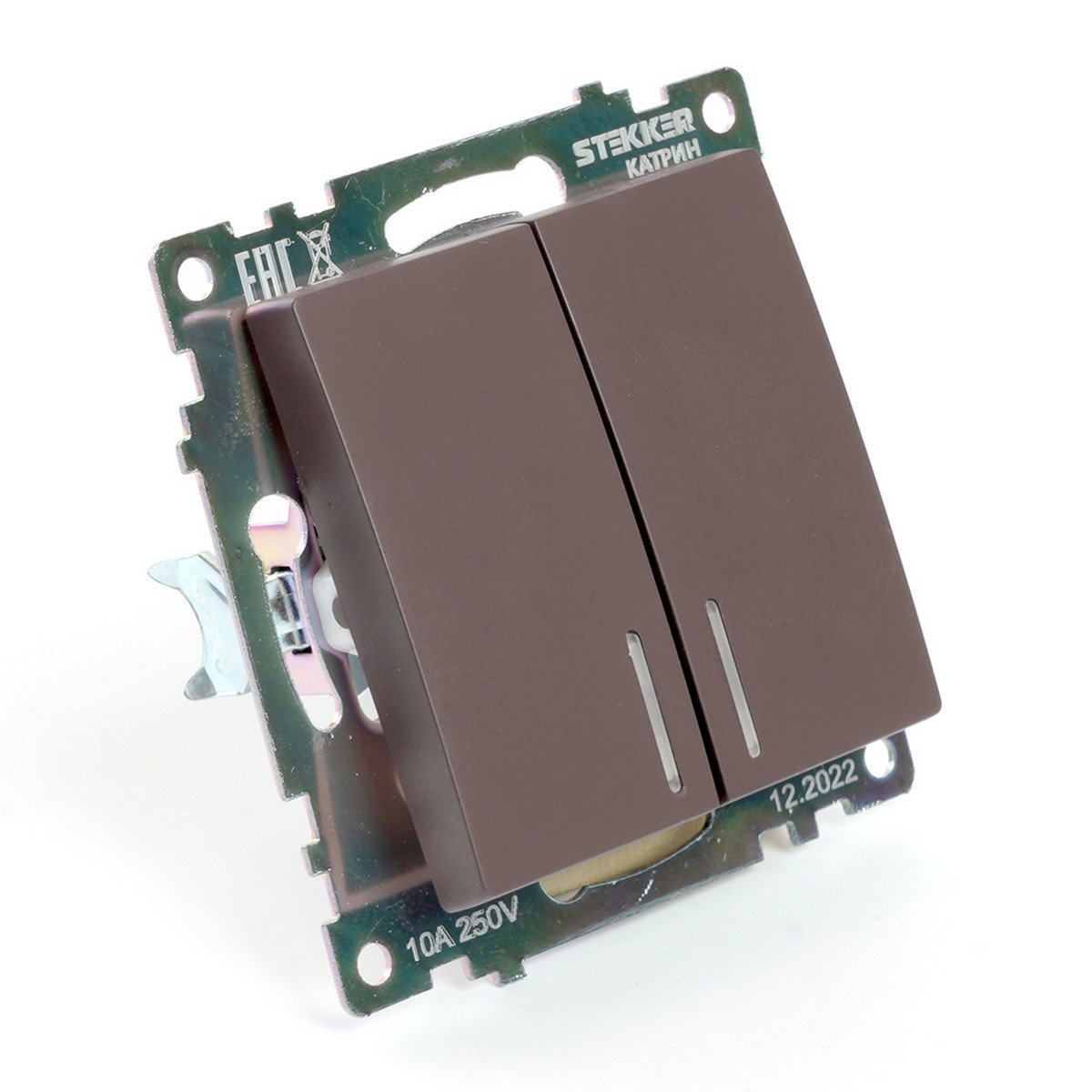 Катрин - Розетки и выключатели Stekker Выключатель 2-клавишный c индикатором STEKKER GLS10-7102-04 10А Катрин шоколад 49021