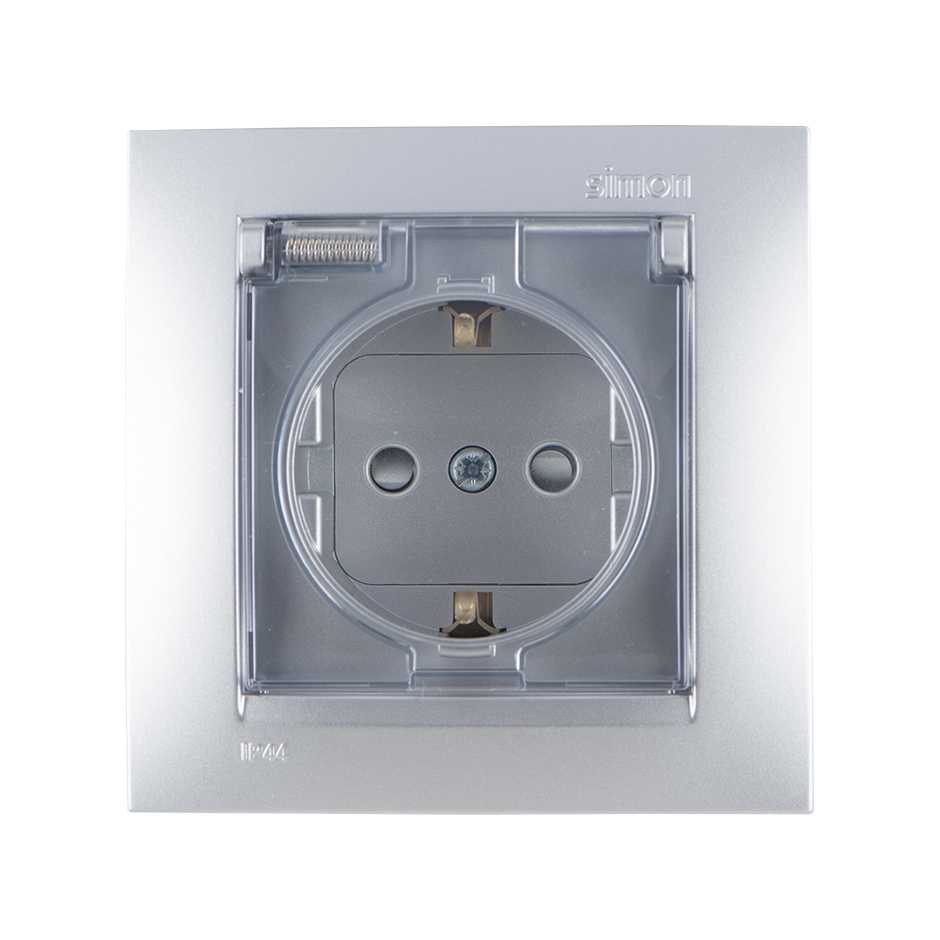 Розетки и выключатели Simon 15 Алюминий Розетка с/з Simon 15 Алюминий со шторками с крышкой IP44 16А 1590450-033