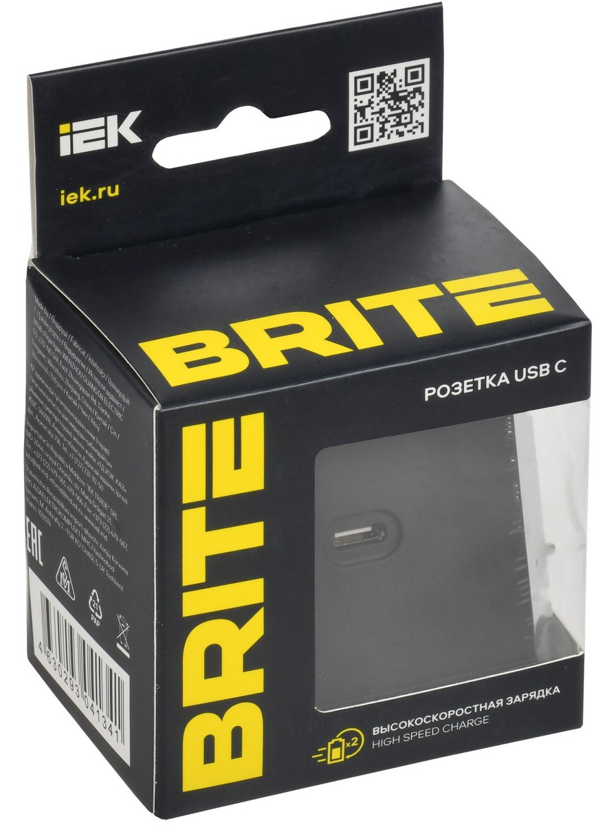 Розетка USB IEK BRITE C 65Вт высокоскор. зар. РЮ12-1-БрЧ черный