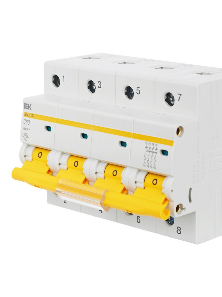4 полюсные (четырехполюсные) Автоматический выключатель IEK KARAT ВА 47-100 4Р 80А 10 кА х-ка С MVA40-4-080-C 