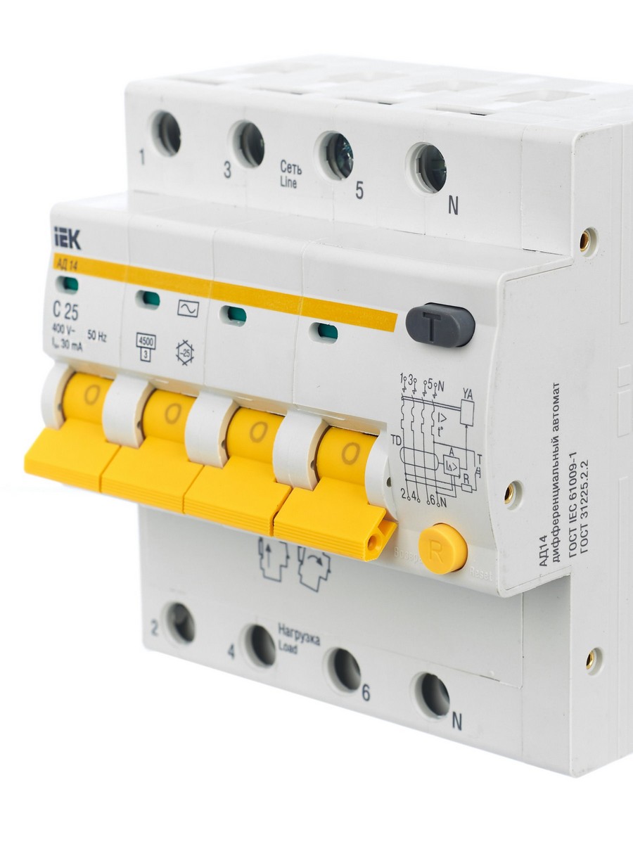 IEK Дифференциальный автоматический выключатель IEK KARAT АД14 4Р 25А 30мА MAD10-4-025-C-030 