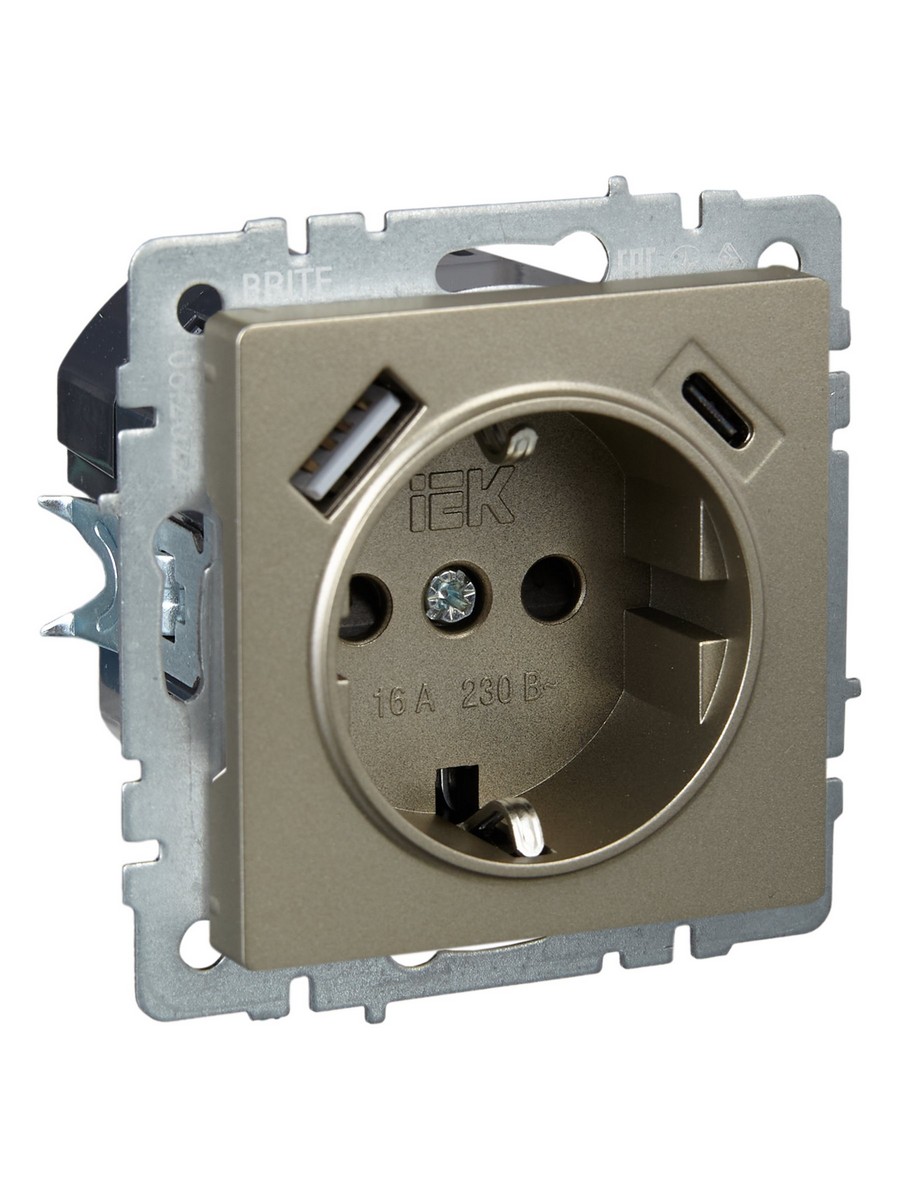 Розетка IEK BRITE с с/з и шторками 16А с USB A+C 18Вт РЮш11-1-БрШ шампань BR-R14-16-U22-018-K37