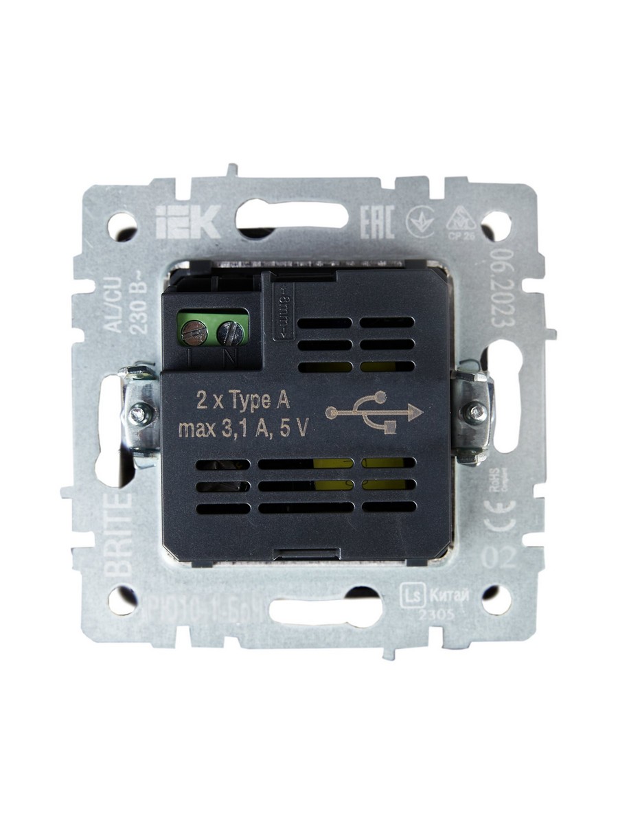 IEK Brite Черный Розетка IEK BRITE USB A+A 3,1А РЮ10-1-БрЧ черный BR-U21-D31-K02