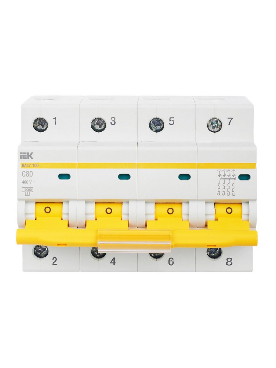4 полюсные (четырехполюсные) Автоматический выключатель IEK KARAT ВА 47-100 4Р 80А 10 кА х-ка С MVA40-4-080-C 